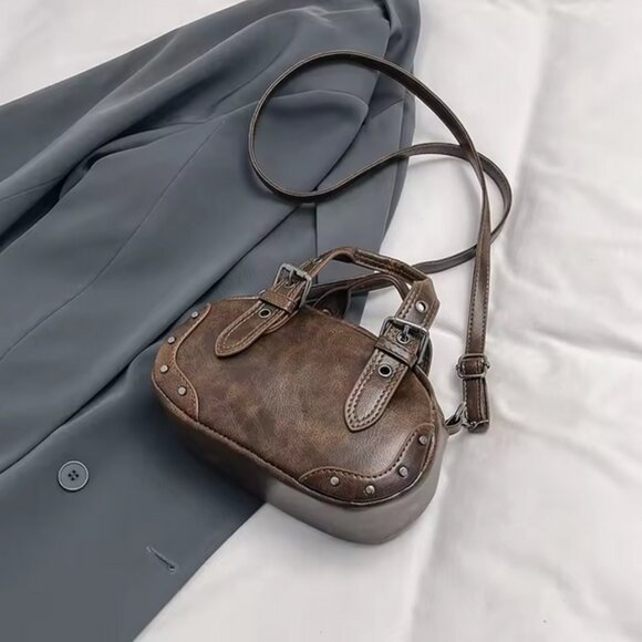 Retro PU Leather Rivet Crossbody Top Handle Mini Saddle Bag 3 Colors - Picture 15 of 16